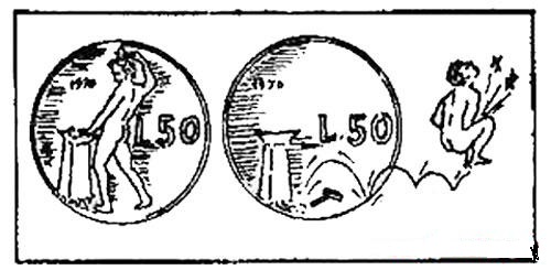 Disegno satirico della moneta da 50 lire che rappresenta l'uomo che si fa male cattura clienti auto